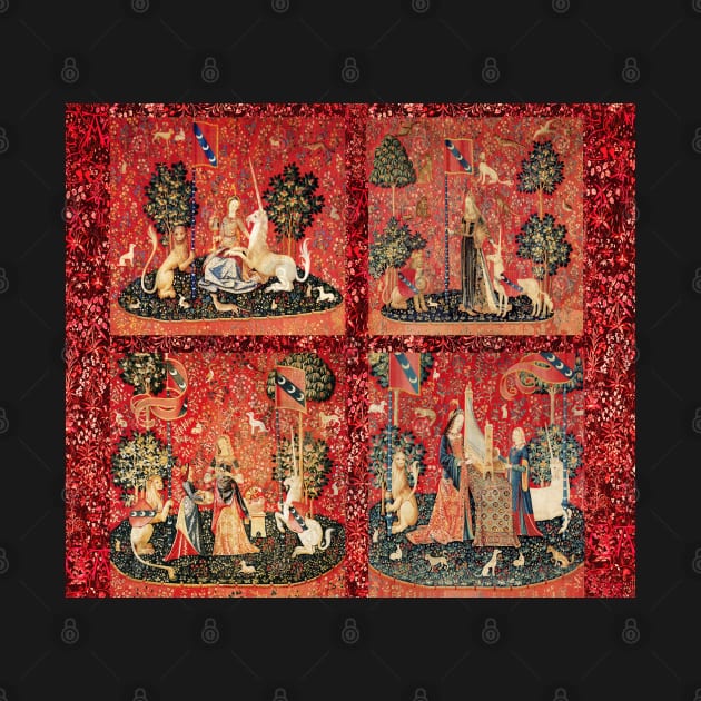 FOUR LADY AND UNICORN STORIES ,Fantasy Flowers,Animals, Red Green Floral Tapestry by BulganLumini