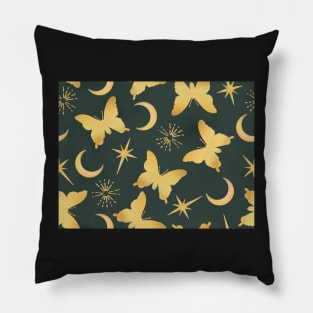 Gold Stamped Butterflies and Sunbursts on Green Pillow