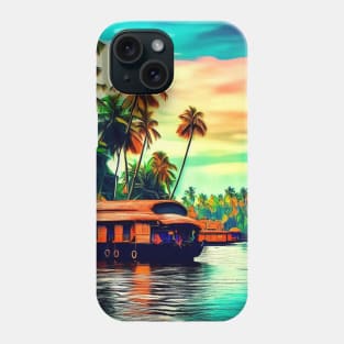 Elegant Kerala natural landscape of coconut trees sunset sky river and houseboat Phone Case