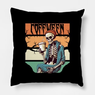 Sip in Spooky Style - Skeleton Coffee Time Halloween Illustration Pillow