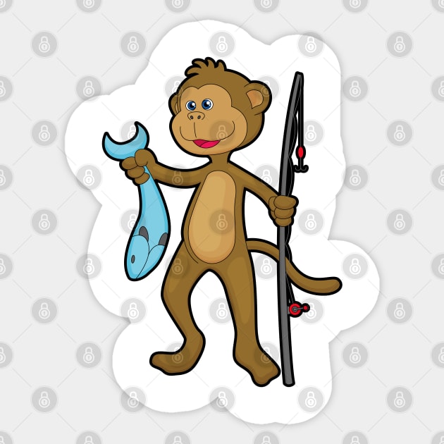 Monkey at Fishing with Fishing rod & Fish - Angler - Sticker