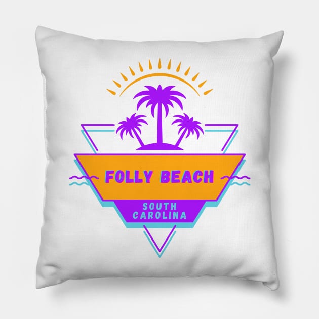 Folly Beach South Carolina Vibes 80's Pillow by bougieFire