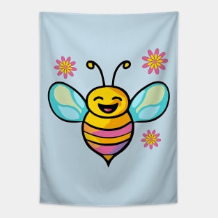 Happy smiling baby bee with flowers. Kawaii cartoon Tapestry