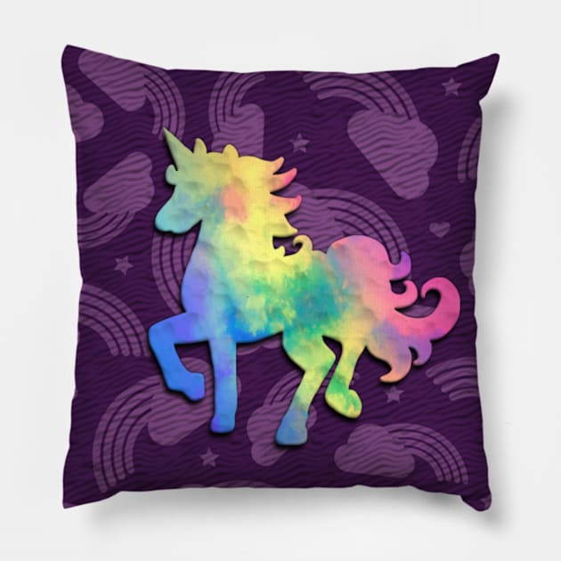 Colorful unicorn in purple yellow orange green blue pink Pillow by KK-Royal