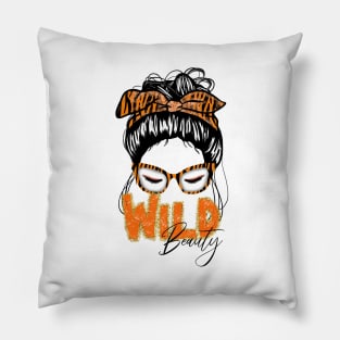 Wild beauty messy bun with tiger print Pillow