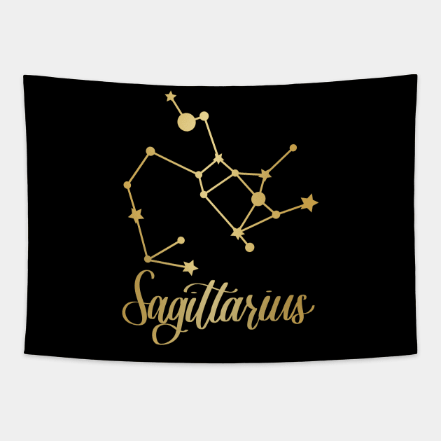 Sagittarius Zodiac Constellation in Gold - Black Tapestry by Kelly Gigi