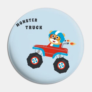 Cartoon vector of monster truck with little animal driver. Pin