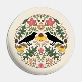 Summer’s End Black Crow And Wild Rose Folk Art Collage Pin