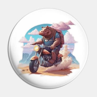 Hippo riding a motorcycle in the desert Pin