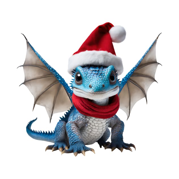 Realistic Artwork of a Cute Blue Baby Dragon Wearing a Red Santa Christmas Hat by Cuteopia Gallery