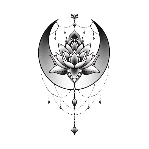 Celestial Crescent Moon and Mandala Lotus Flower by Helena Morpho 