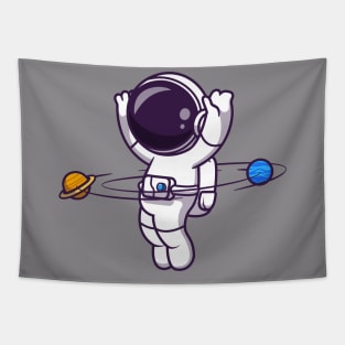 Astronaut Playing Planet Ball Cartoon Tapestry