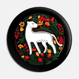 Folk Art White Jungle Cat with Bright Leaves and Flowers Pin