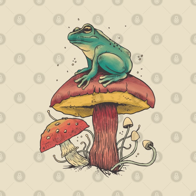 Frog sat on Mushroom Cottagecore Goblincore Forest by uncommontee