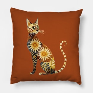 Bengal Cat with Sunflower Pattern Boho Style Pillow