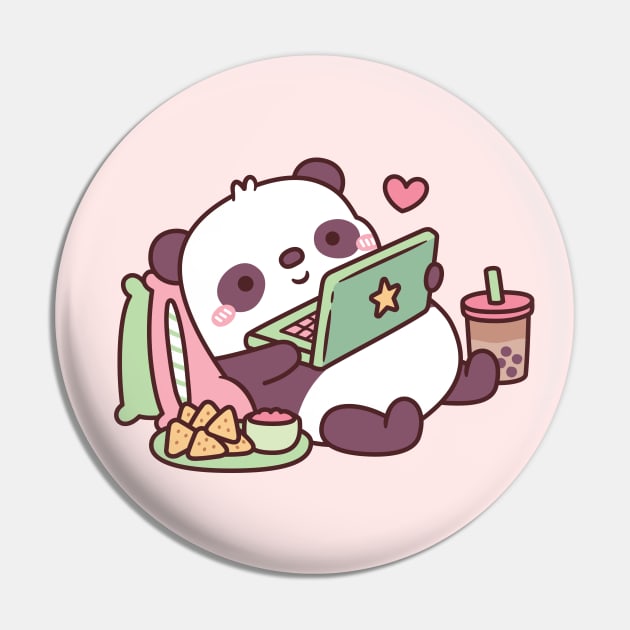 Cute Panda Chillin with Anime Chips and Bubble Tea Pin by rustydoodle
