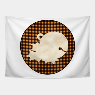 Sleigh bell and mistletoe silhouette over a black and orange tile pattern Tapestry