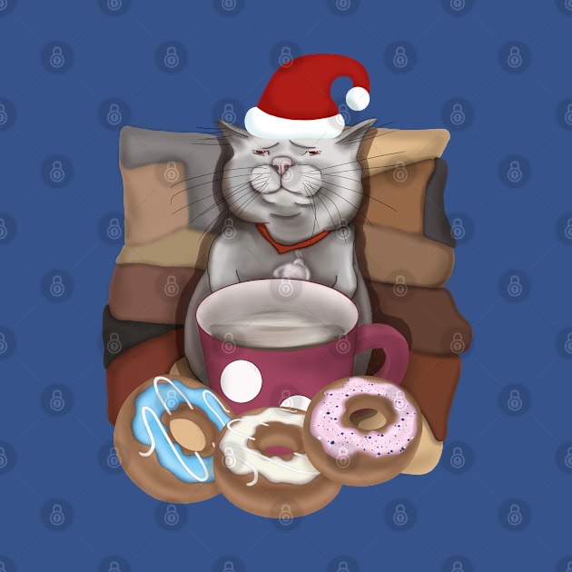 Santa cat. Funny cat with a mug of coffee and donuts. by KateQR