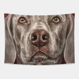 Painting of a Grey Brown Weimaraner Dog Looking At You on Red Background Tapestry