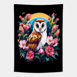 Cute European Barn Owl Surrounded by Bold Vibrant Spring Flowers Tapestry