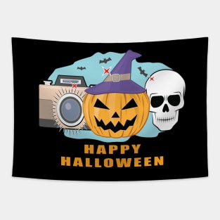 Happy Photography Halloween - Spooky Skull, Pumpkin & Camera Tapestry