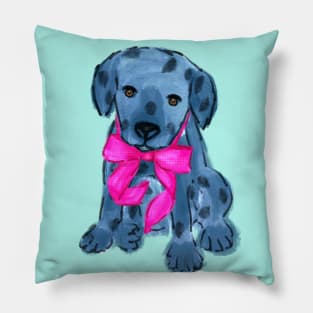 Cute dog puppy with a pink bow sitting Pillow