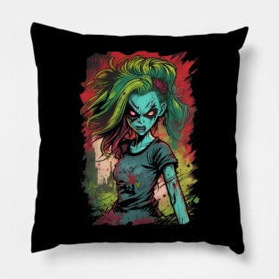 Comic book Anime style evil zombie girl lots of color mix of bright colors horror inspired Pillow