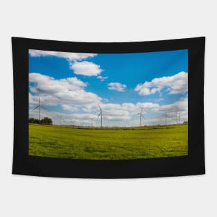 Windmill farm on green meadow Tapestry