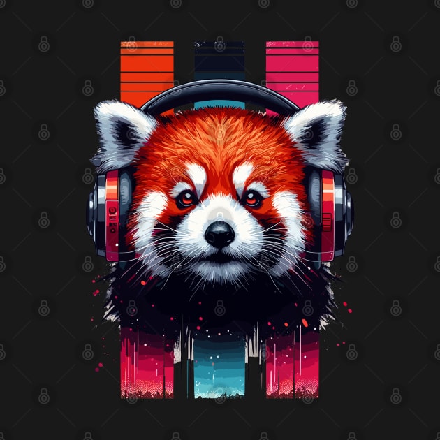 Cute Retro Music Red Panda In Headphones by TomFrontierArt