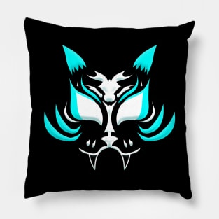 Dark Kitsune Face - Cyan Pillow