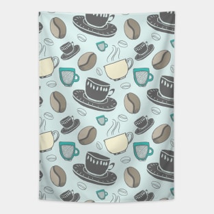 Coffee Pattern Blue and Grey Tapestry