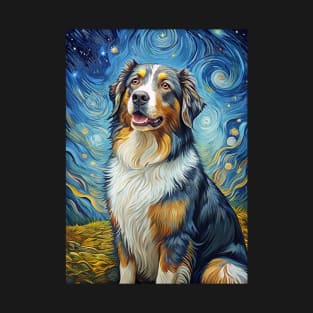 Australian Shepherd Dog Breed Painting in a Van Gogh Starry Night Art Style T-Shirt