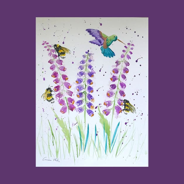 Hummingbird, bumble bee and foxglove by Casimirasquirkyart