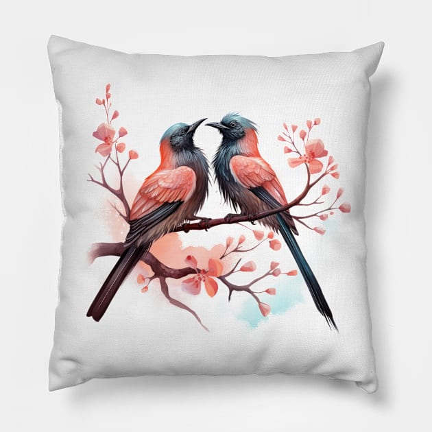 Valentine Kissing Greater Coucal Bird Couple Pillow by Chromatic Fusion Studio