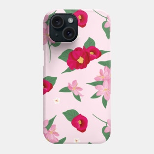 Pink and Red Flowers on Pink Background Phone Case