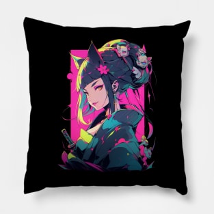 Neko Geisha Samurai Pillow