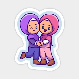 Couple Girl Moslem Celebrating Eid Mubarak Cartoon Magnet