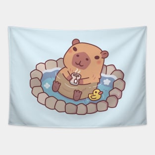 Cute Capybara And Ducky Chilling In Hot Spring Tapestry