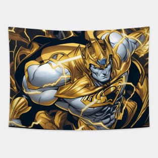 Majestic golden superman bursting through a lightningstorm Tapestry