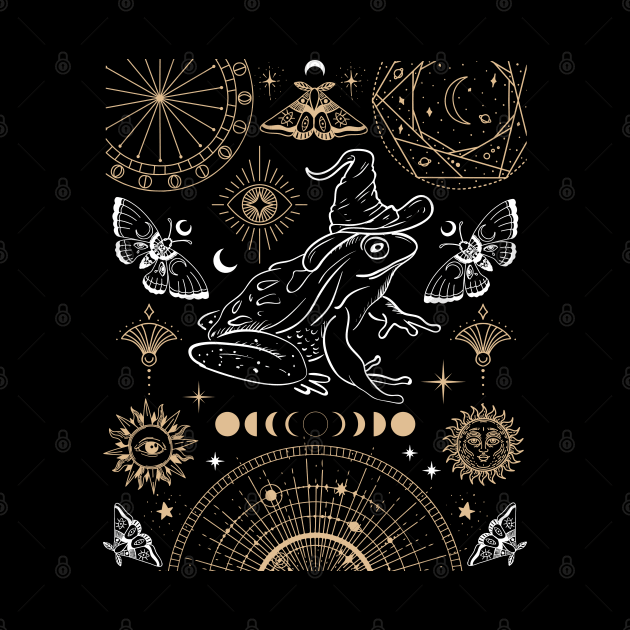 Witchy Frog Under Moon Phases, The Magician with Wizard Hat, Dark Academia by Ministry Of Frogs