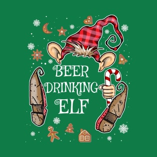 Funny Beer Drinking Elf Christmas Costume T-Shirt