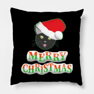 Merry Christmas Smiling Cat Wearing a Santa Claus Hat (Text on Bottom) Pillow