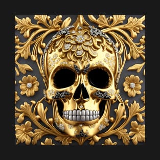 Skull Baroque 3D Jewelry Rococo Gold Bling Floral T-Shirt