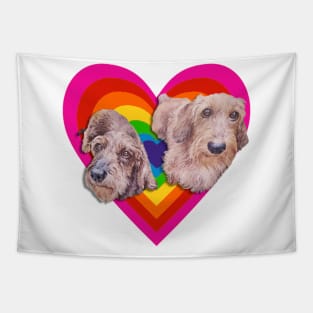 Super cute wirehaired dachshunds on a vibrant heart Tapestry