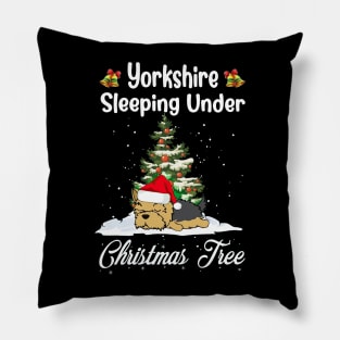 Yorkshire Terrier Sleeping Under Christmas Tree Funny Xmas Pillow