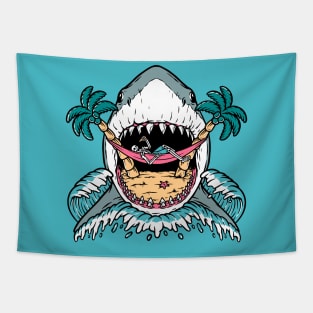 Skeleton Hammock in a Shark Bite // Funny Vintage Beach Cartoon Tapestry