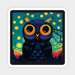 Owl in Van Gogh Style Starry Night Sky with Red Fields Magnet