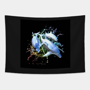 Thee dolphins set against a graphic water splash. Tapestry