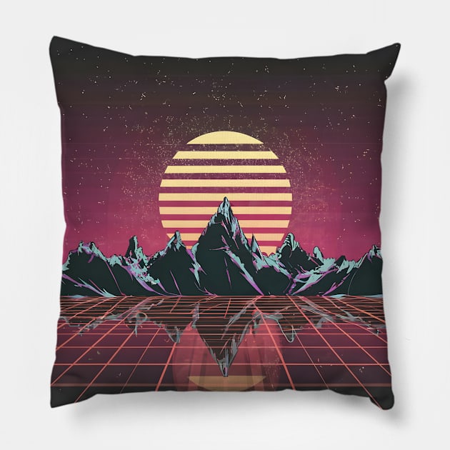 Synthwave sun within mountains Pillow by Spaceboyishere