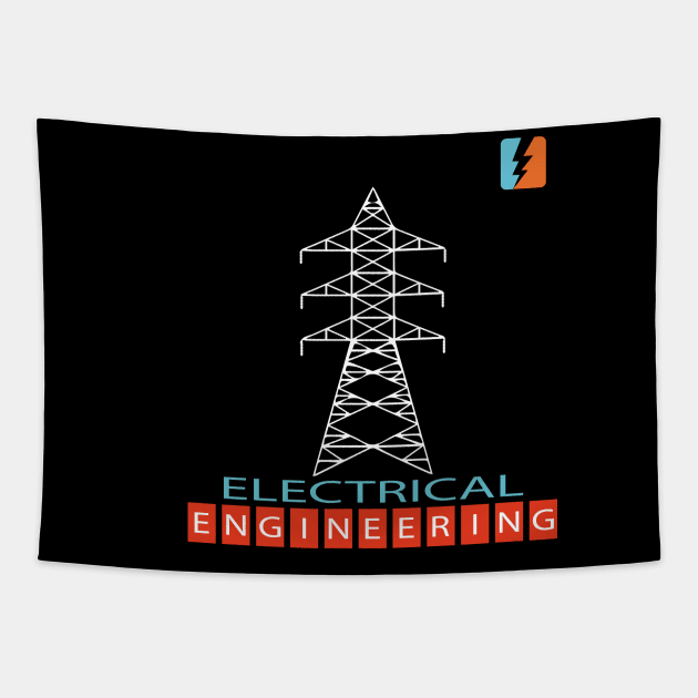 Electrical engineering text and logo with transmission tower image Tapestry by PrisDesign99